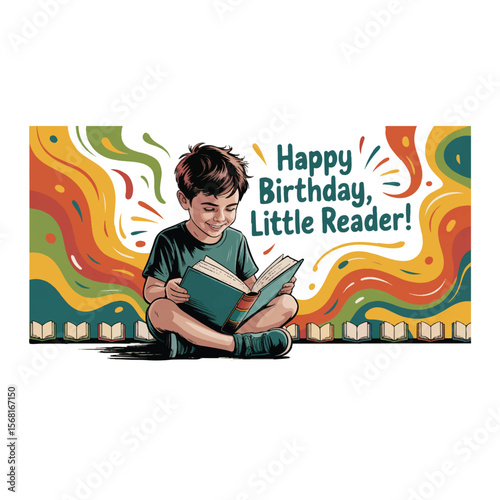 A young boy is happily reading a book, isolated on a white background with colorful decorations.