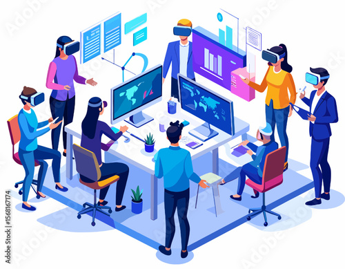 Diverse Team in Vr Headsets Attending a Virtual Reality Business Meeting in Office With Charts and World Map Displays on Monitors