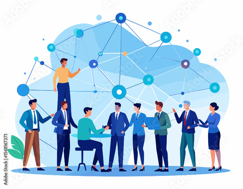 Diverse Team of Business Professionals Connecting Through a Digital Network with Blue Geometric Background in a Flat Vector Illustration Style