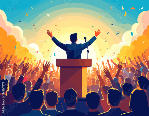 Energetic Pixel Art Illustration of Political Leader Addressing a Large Cheering Crowd Under Sky With Confetti