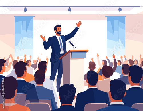 Energetic Speaker in Blue Suit Addressing a Large Cheering Audience at Indoor Conference with Bright Lights and Modern Stage
