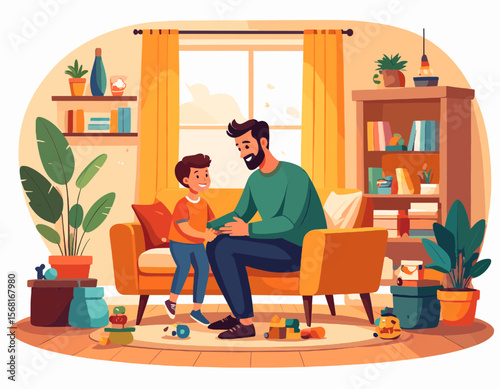 Father and Son Playing in a Cozy Living Room with Sunlight Streaming Through the Window Depicting Domestic Bliss and Cartoonish Artwork