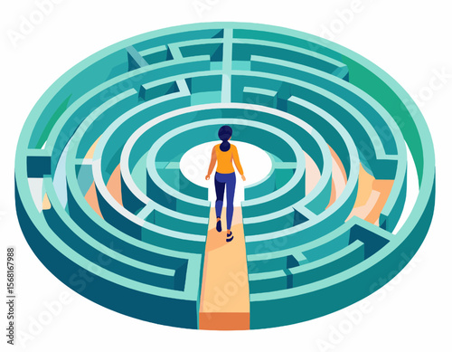 Female Figure Enters Round Teal Maze from Tan Pathway Seeking Solution and Strategic Direction Under Bright Lighting