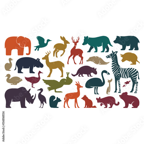 A collection of colorful animal silhouettes are isolated on a white background.