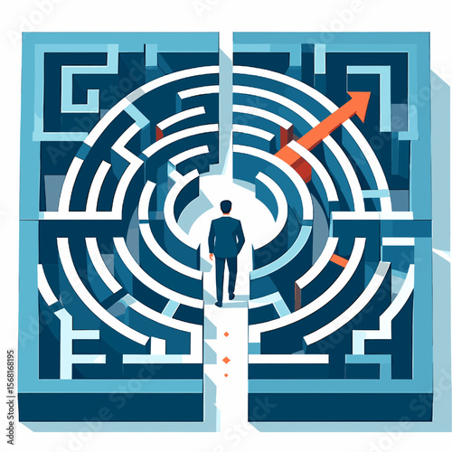 Figure Entering Intricate Circular Blue Maze Under Bright Light With Red Arrow Pointing to Success