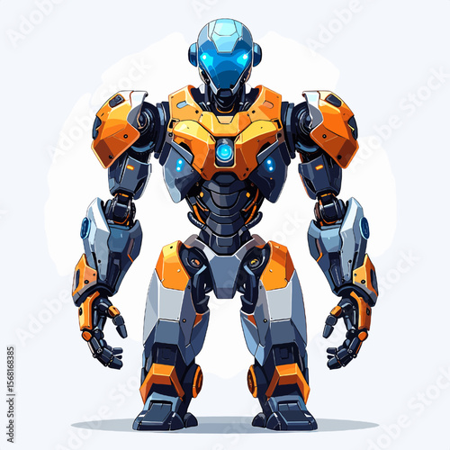 Full Body Portrait of an Orange and Grey Robot Warrior with Blue Highlights on a White Background for Science Fiction Concept Art