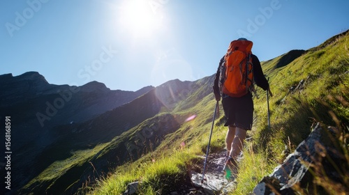 The adventurous hiker ascending a scenic mountain trail under the bright sun