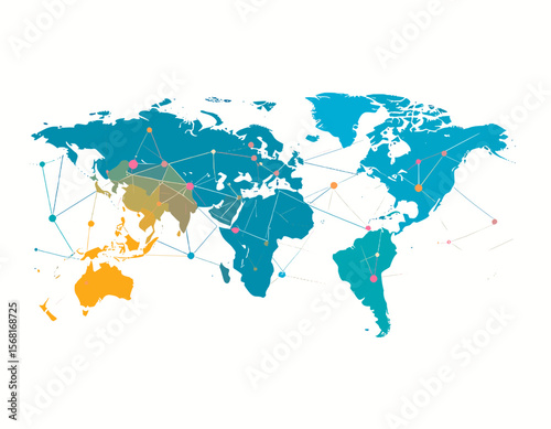 Global Connectivity Network on World Map With Teal Blue Continents and Orange Accents Depicting International Business Reach