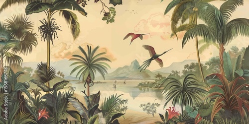Wallpaper serene tropical landscape painting in pastel tones	
