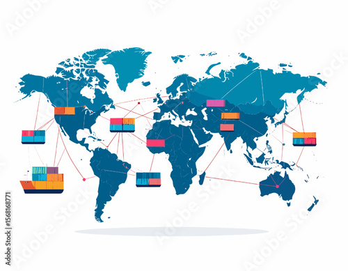 Global Logistics Network Depicting World Map with Connected Shipping Routes on White Background