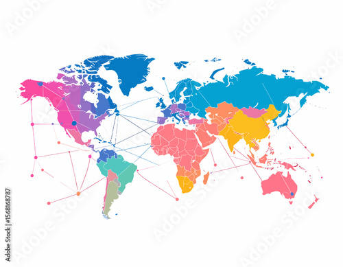 Global Network Illustration with Multicolored Continents and Connected Dots on a White Background