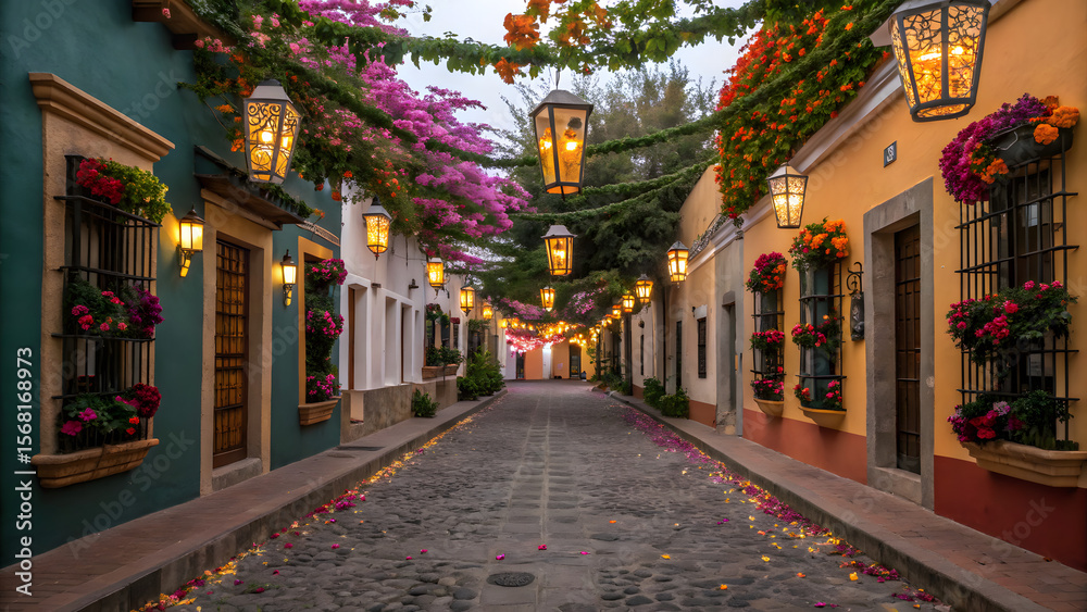 Fototapeta premium Colorful street with marigolds decorated for Dia de los Muertos