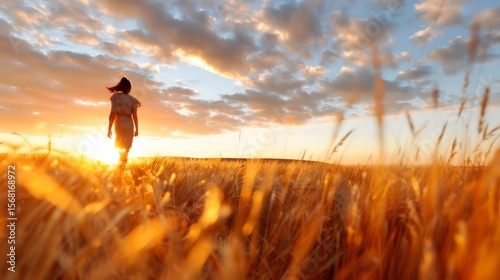 Woman Walking Through Wheat Field At Sunset With Golden Warm Lighting