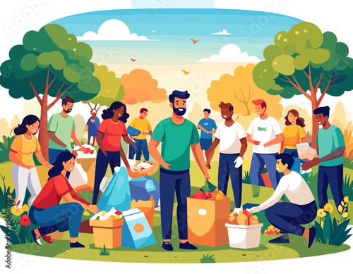 Group of Volunteers Collect Trash in Sunny Green Park Contributing to Community Cleanup and Environmental Conservation Initiative