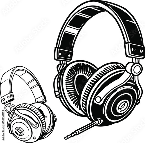 Studio Headphones Black and White Silhouette Vector on Transparent Background