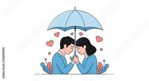 Couple Under Umbrella Holding Hands Surrounded by Hearts Love and Romance Theme