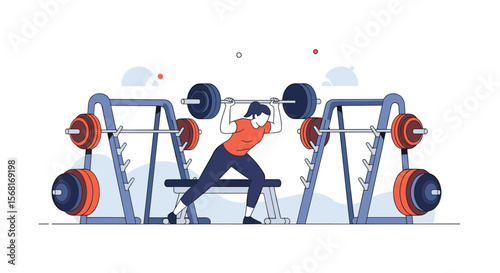 Man lifting heavy weights in gym with two squat racks and weight plates PNG Transparent Background Isolated