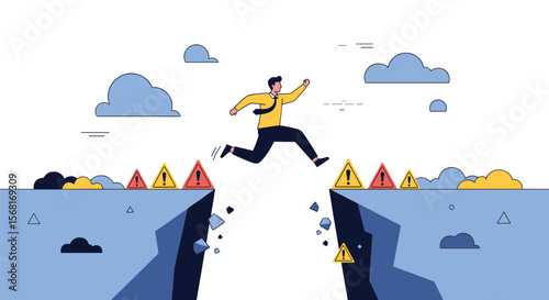 Man overcoming a dangerous chasm by jumping across with warning signs on both sides illustrating risk and caution