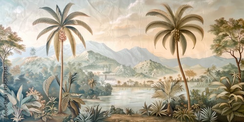 Wallpaper serene tropical landscape painting in pastel tones	
