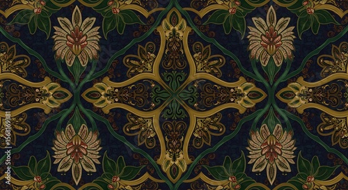 Wallpaper Mural Ornate floral pattern with gold accents on a dark blue background, vintage style Torontodigital.ca