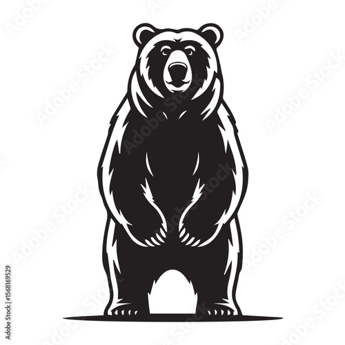 A black and white illustration of a bear standing on its hind legs, isolated on a white background.