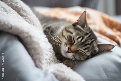 Adorable tabby cat enjoys a peaceful nap, nestled comfortably on a soft blanket, creating a cozy and heartwarming scene