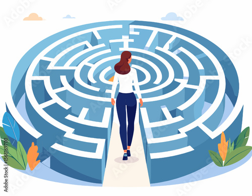 Illustration of a Woman Entering a Blue Circular Maze with Teal Foliage Featuring a Beige Pathway and Cloudy Sky