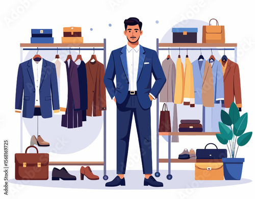 Illustration of a Stylish Man Standing in Front of Clothing Racks Showcasing a Variety of Suits and Accessories in a Brightly Lit Showroom