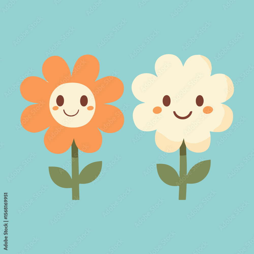 Obraz premium Two Cute Cartoon Flowers with Smiling Faces on a Light Blue Background Illustration