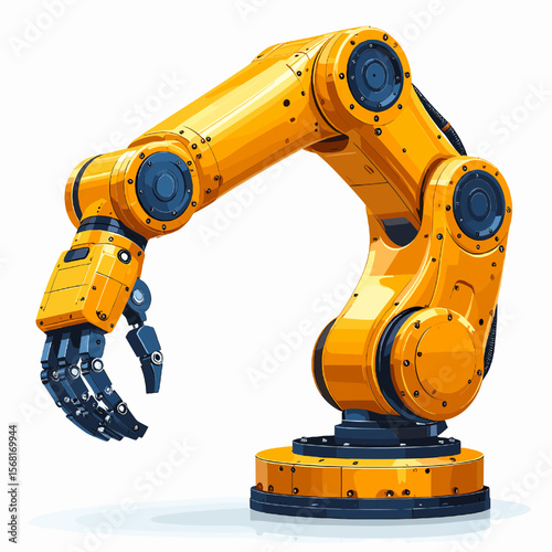 Isolated Pixel Art Style Yellow and Blue Robotic Arm on a White Background Featuring Mechanical Engineering Automation and Advanced Industrial Technology