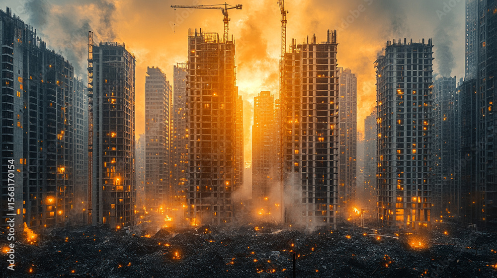 Fototapeta premium Burning Construction Site Cityscape at Sunset