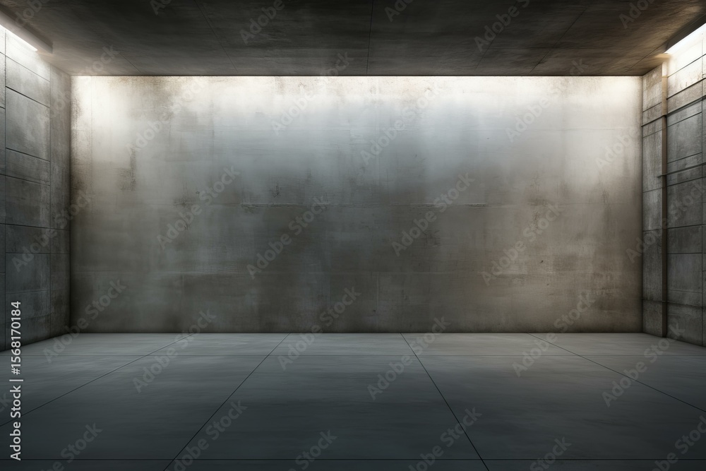 Empty concrete room with subtle lighting highlighting a large wall, creating a dramatic and minimalist atmosphere Empty concrete room with subtle lighting highlighting a large wall, creating a dramatic and minimalist atmosphere