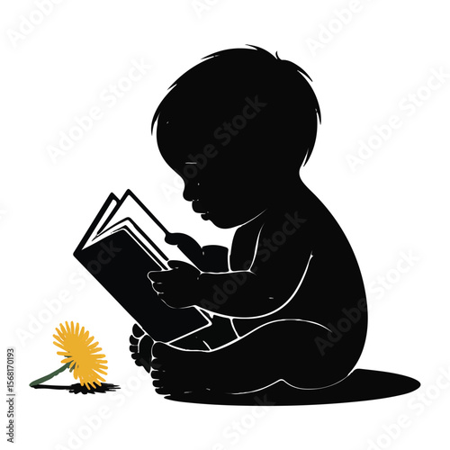 A baby silhouette is reading a book next to a dandelion, isolated on a white background.