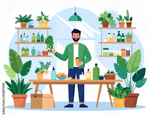 Man Arranging Green Plants in Potted Plant on Shelf with Assorted Bottled Products Displayed Behind Him in Bright Indoor Setting