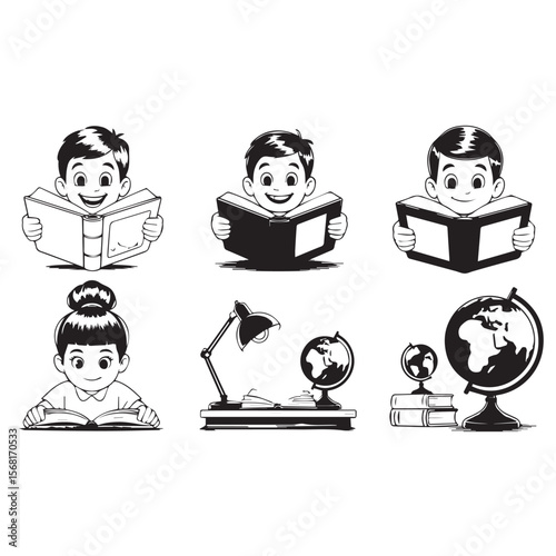 A cartoon illustration shows children reading books and globes for education, isolated on white background.