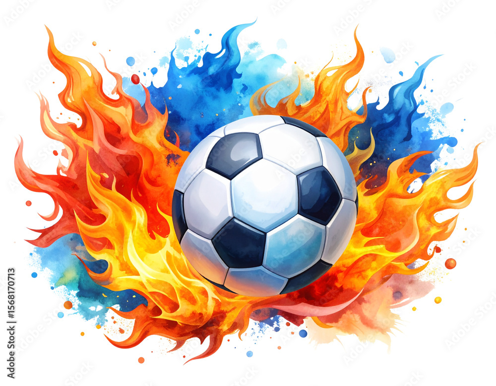 Fototapeta premium Set Watercolor Soccer Ball Engulfed in Blue-Orange Flames – Isolated PNG