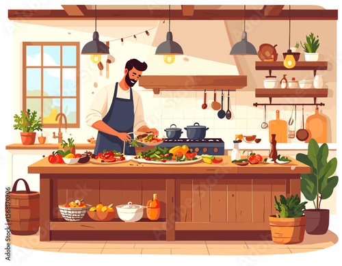 Man in Apron Prepares Fresh Salad on Kitchen Island with Various Vegetables Pots and Wooden Utensils in Bright Interior Light Pixel Art Style