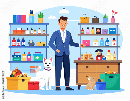 Man in Blue Suit Stands in Pet Store with White Dog and Shelves Full of Products for Sale in Bright Indoor Scene