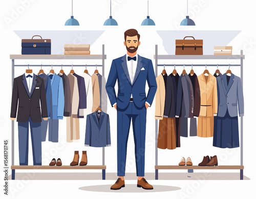 Man in Blue Suit Standing in a Clothing Store with Racks of Suits Formal Wear and Accessories in a Retail Setting with Pixel Art Style Illustration