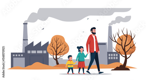 Father and children walking through industrial pollution with factory smoke polluting the air and trees in autumn season