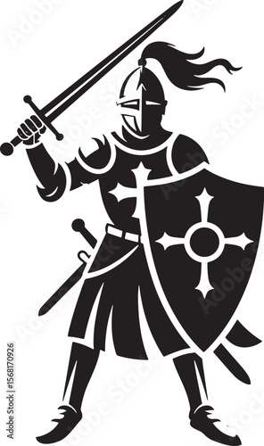 Medieval Knight Silhouette with Shield and Sword, Crusader Figure
