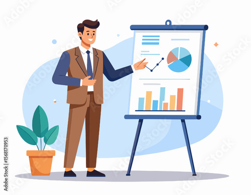 Man Presenting Business Data on a Whiteboard with Colorful Charts and Graphs in a Bright Office Setting with a Plant in a Pot