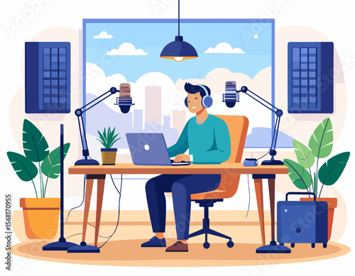 Man In Turquoise Shirt Recording Podcast At Desk With Microphones Laptop And City View Background With Sky And Clouds