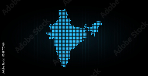A glowing, pixelated map of India dominates the dark background, formed by a grid of blue squares, creating a modern, digital representation of the country's geographical shape in a geometric design.