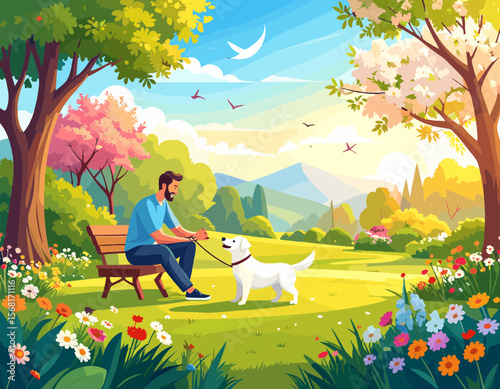 Man Sitting on Bench with White Dog at Park Surrounded by Colorful Spring Flowers and Lush Green Trees Under a Bright Blue Sky