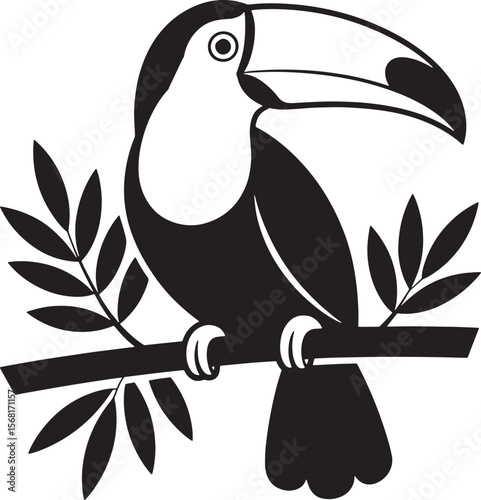 Elegant Toucan Bird Silhouette Perched on a Branch with Leaves