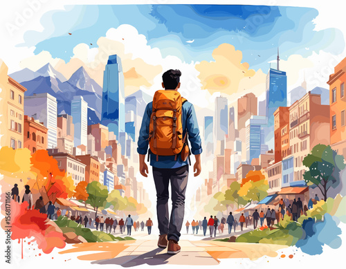 Man with Orange Backpack Walking Away in Urban Watercolor Cityscape Featuring Bright Buildings and Distant Mountains Under a Partly Cloudy Sky