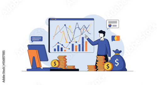 Man Analyzing Financial Growth Data on Screen with Money Stacked Around PNG Transparent Background Isolated