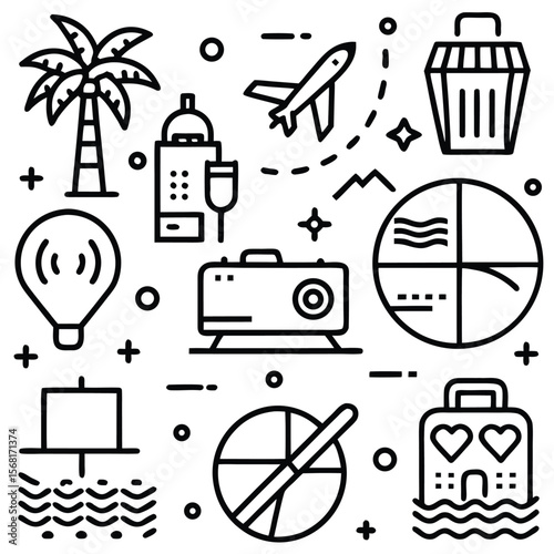 Black vector web icon set featuring travel, business, and internet service symbols like car, airplane, hotel, mail, truck, camera, and globe silhouettes