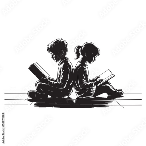 A boy and a girl are sitting back to back while reading books isolated on a white background.